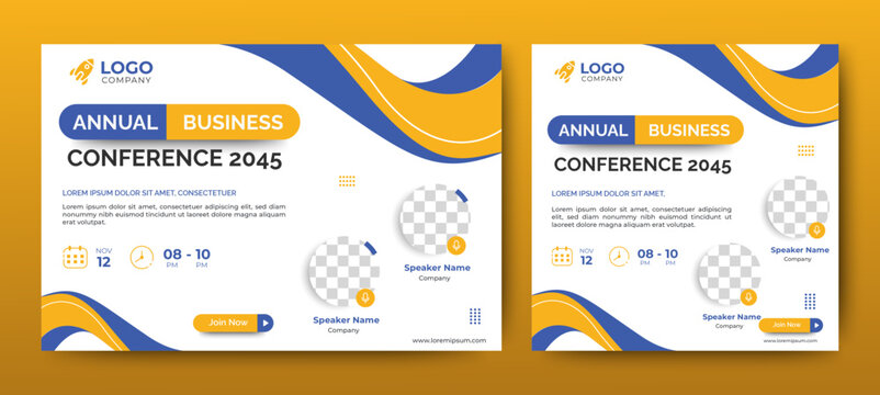 Invitation web banner to the online conference. Business webinar invitation design. Announcement poster concept. Modern abstract White background with place for photos	