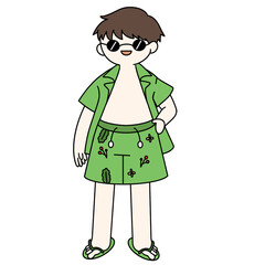 Summer boy wearing beachwear and glasses color illustration.