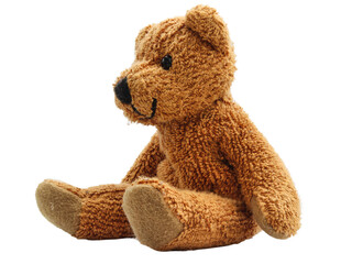 Plüsch Teddy Bär braun sitzend seitlich.	