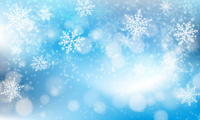 青い冬の背景　イルミネーション　キラキラ　クリスマス　雪の結晶のデザイン　イラスト素材　Winter Background with snow