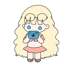 Summer girl holding camera poses for a photo color illustration.