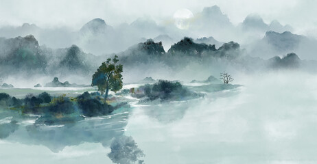 Artistic conception landscape painting Chinese style background illustration © 心灵艺坊