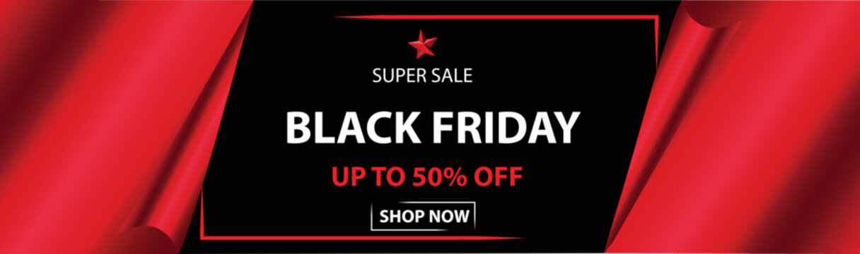 Black Friday Super Sale. Open gift .  text lettering. vector illustration. Black Friday sale banner layout design. star Black Friday.
