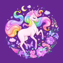 Naklejka na ściany i meble Beautiful unicorn surrounded with flowers and butterflies. Vector illustration on dark background.