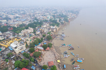 Aerial view of Varanasi city with  Ganges river, ghats, the houses in Varanasi, Banaras, Uttar...