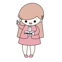 Smiling female teacher holding a book and pencil color illustration.