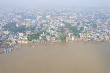 Aerial view of Varanasi city with  Ganges river, ghats, the houses in Varanasi, Banaras, Uttar...