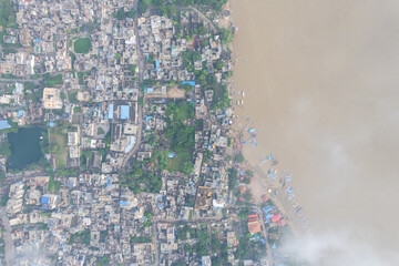 Aerial view of Varanasi city with  Ganges river, ghats, the houses in Varanasi, Banaras, Uttar...