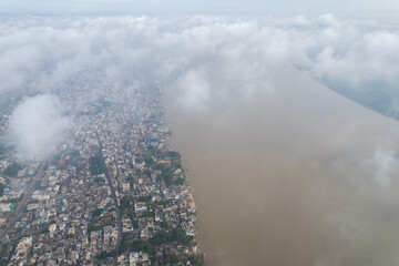 Aerial view of Varanasi city with  Ganges river, ghats, the houses in Varanasi, Banaras, Uttar Pradesh, India