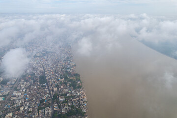 Aerial view of Varanasi city with  Ganges river, ghats, the houses in Varanasi, Banaras, Uttar Pradesh, India