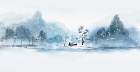 Winter artistic conception snowscape watercolor background illustration