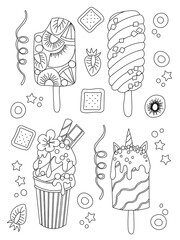 Different sorts of ice cream. Monochrome deserts isolated on white background. Coloring book style for children and adults. Hand drawn vector illustration
