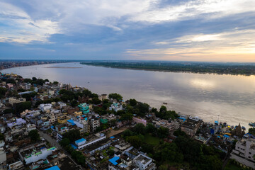 Aerial view of Varanasi city with  Ganges river, ghats, the houses in Varanasi, Banaras, Uttar...