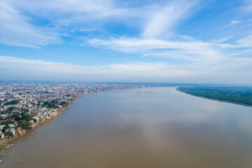 Aerial view of Varanasi city with  Ganges river, ghats, the houses in Varanasi, Banaras, Uttar...