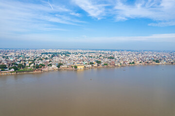 Aerial view of Varanasi city with  Ganges river, ghats, the houses in Varanasi, Banaras, Uttar Pradesh, India