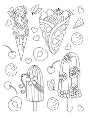 Different sorts of ice cream. Monochrome deserts isolated on white background. Coloring book style for children and adults. Hand drawn vector illustration
