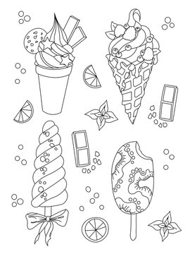 Different sorts of ice cream. Monochrome deserts isolated on white background. Coloring book style for children and adults. Hand drawn vector illustration
