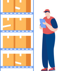 Warehouse worker or delivery man working with sorting boxes. PNG illustration