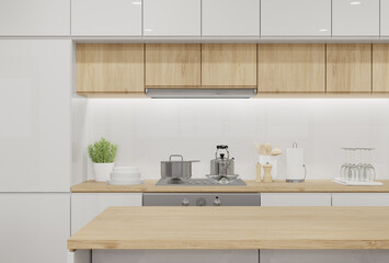Kitchen island wood countertop close up view. 3d rendering of residential building interior.