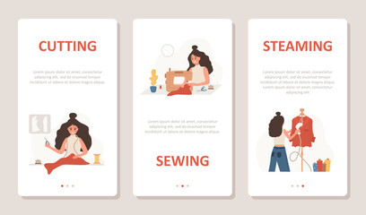 Sewing concept. Woman seamstress sews, cuts and streams clothes. Set of vertical banners for social media. Fashion designer or dressmaker. Vector illustration in flat cartoon style.