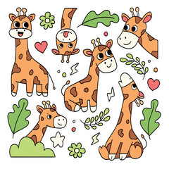 Girrafe Doodle Colorful Hand Drawn Illustration Vector Set