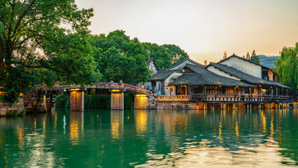 Naklejka premium Night view of ancient houses in Wuzhen, China