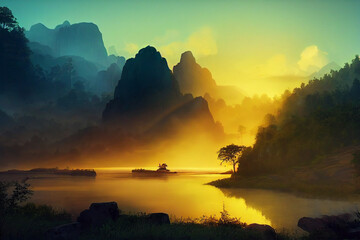 firewatch wallpaper background. beautiful scenery landscape graphic design. Halong Bay Vietnam