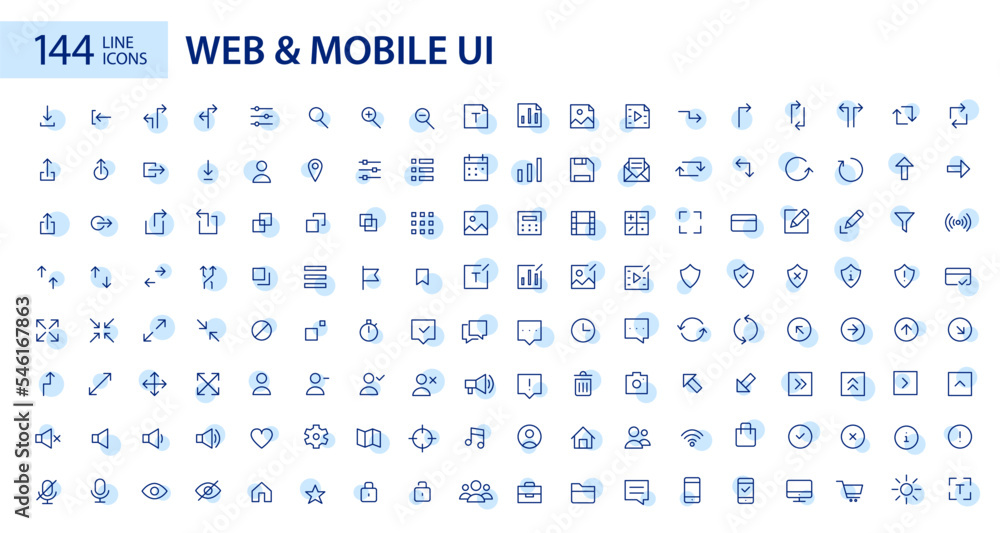 Poster 144 simple line art web and mobile ui icons. pixel perfect, editable stroke