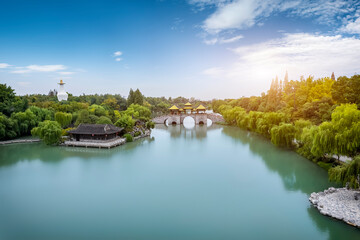 Fototapeta na wymiar Aerial photography of Chinese garden landscape of Slender West Lake in Yangzhou