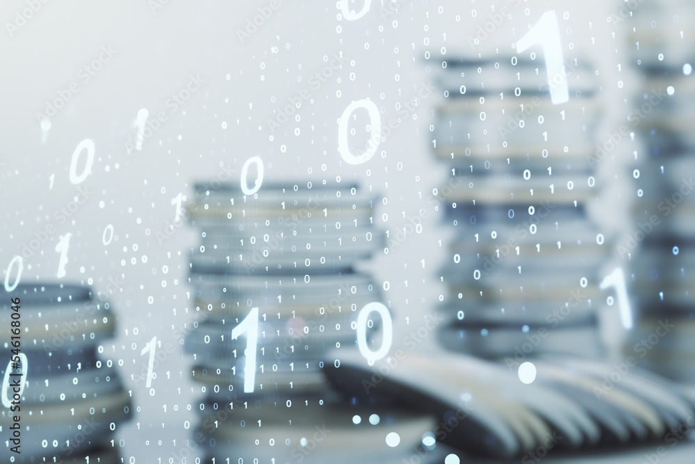Leinwandbilder double exposure of abstract virtual binary code hologram on growing stacks of coins background. data