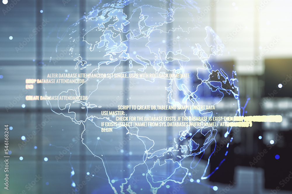 Poster abstract virtual coding concept and world map hologram on a modern conference room background. multi