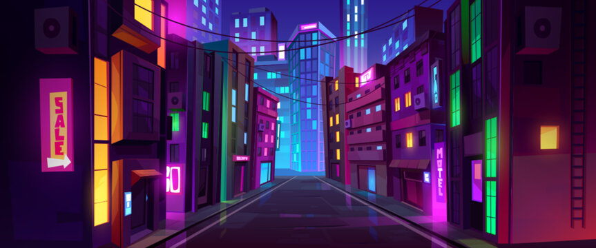 City street with houses and buildings with glowing windows at night. Cityscape with road, houses, store, offices and skyscrapers with neon signboards, vector cartoon illustration
