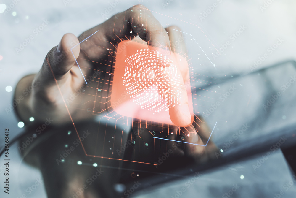 Poster multi exposure of abstract fingerprint scan interface and hand working with a digital tablet on back
