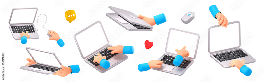 Poster two hands hold laptop, typing on keyboard, use mouse, show blank screen. man uses notebook computer,