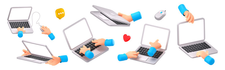 Two hands hold laptop, typing on keyboard, use mouse, show blank screen. Man uses notebook computer, points on empty white screen, 3d render illustration isolated on white background - obrazy, fototapety, plakaty