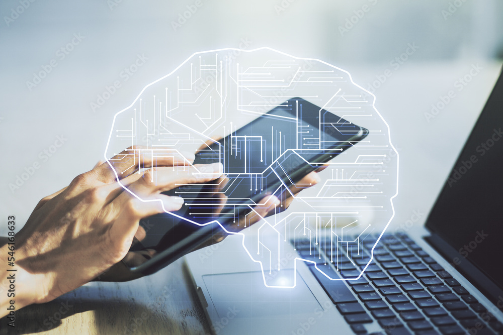 Poster double exposure of creative artificial intelligence symbol with finger clicks on a digital tablet on
