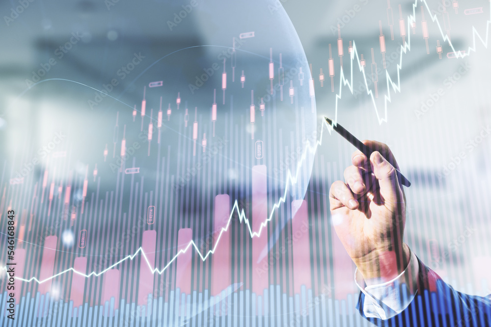 Poster multi exposure of analyst hand with pen working with virtual abstract financial graph and world map 