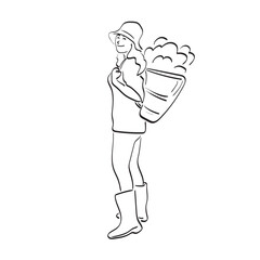 full length of young female gardener with basket with her back illustration vector hand drawn isolated on white background line art.