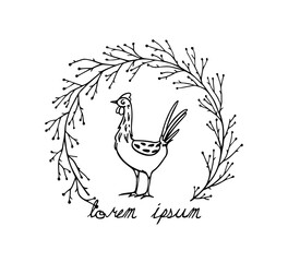 Vector card with hand drawn cute funny chicken in graceful floral wreath. Beautiful ink drawing, heavy contour, graphic style. Perfect elements for food or farming design.