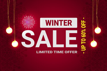 Winter sale vector banner template with white snowflakes background. Vector illustration.
