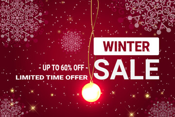 Winter sale vector banner template with white snowflakes background. Vector illustration.