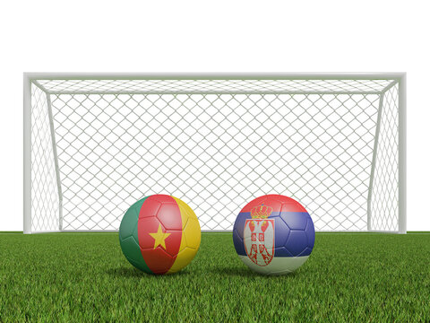 Footballs in flags colors on  soccer field. Australia with Denmark. 3d rendering
