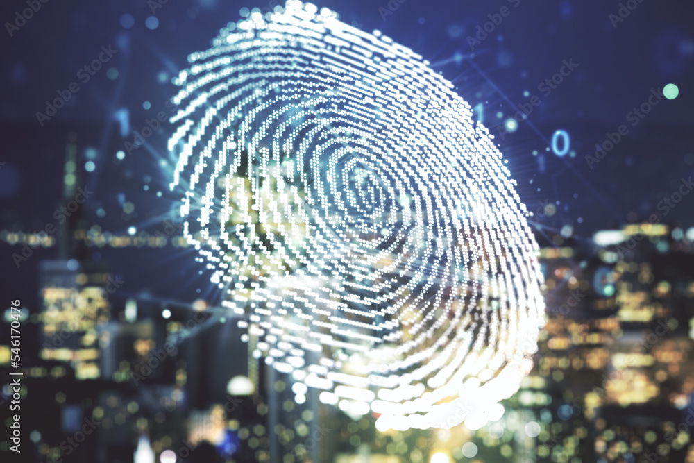 Leinwandbilder multi exposure of virtual graphic fingerprint sketch on blurry skyscrapers background. fingerprint s