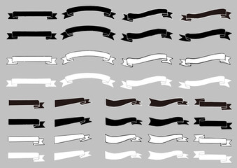 リボンの白黒フレームセット　線画＆塗り（手描き・鉛筆・ライブトレース版）