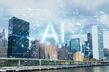 New York City skyline, United Nation headquarters over East River, Manhattan, Midtown at day time, NYC, USA. Artificial Intelligence concept, hologram. AI, machine learning, neural network, robotics