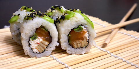 Sushi rolls close up. Traditional Japanese Food