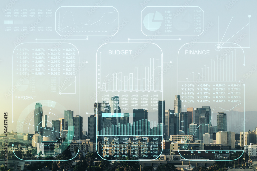 Poster Multi exposure of stats data illustration on Los Angeles city skyline background, computing and analytics concept