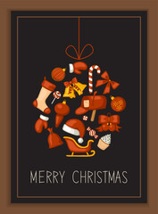 Merry Christmas greeting card. Concept in the form of Christmas ball. Symbols of the holiday. Vector illustration.