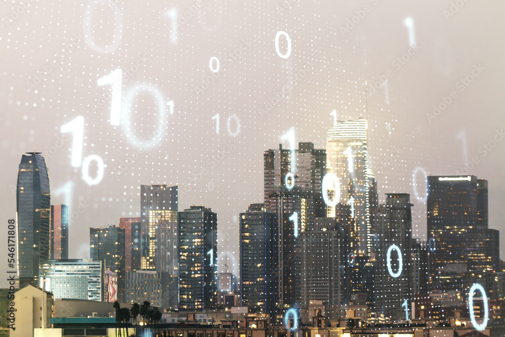 Leinwandbilder Abstract virtual binary code sketch on Los Angeles office buildings background, hacking and matrix concept. Multiexposure