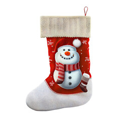 Red and White Stocking with snowman Isolated on transparent Background. Christmas sock with snowman, png

